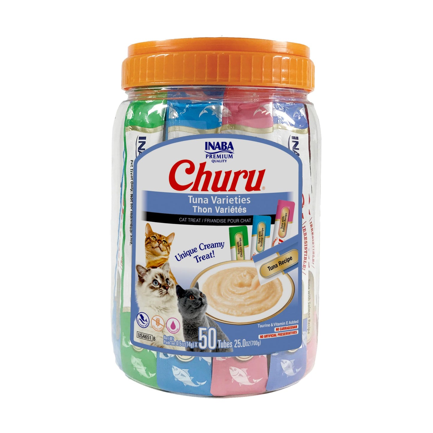 INABA Churu Cat Treats, Grain-Free, Lickable, Squeezable Creamy Purée Cat Treat/Topper with Vitamin E & Taurine, 0.5 Ounces Each Tube, 50 Tubes, Tuna & Chicken Variety