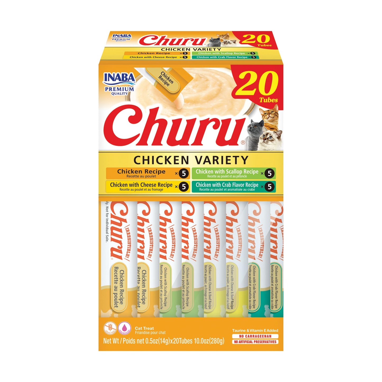 INABA Churu Cat Treats, Grain-Free, Lickable, Squeezable Creamy Purée Cat Treat/Topper with Vitamin E & Taurine, 0.5 Ounces Each Tube, 50 Tubes, Tuna & Chicken Variety