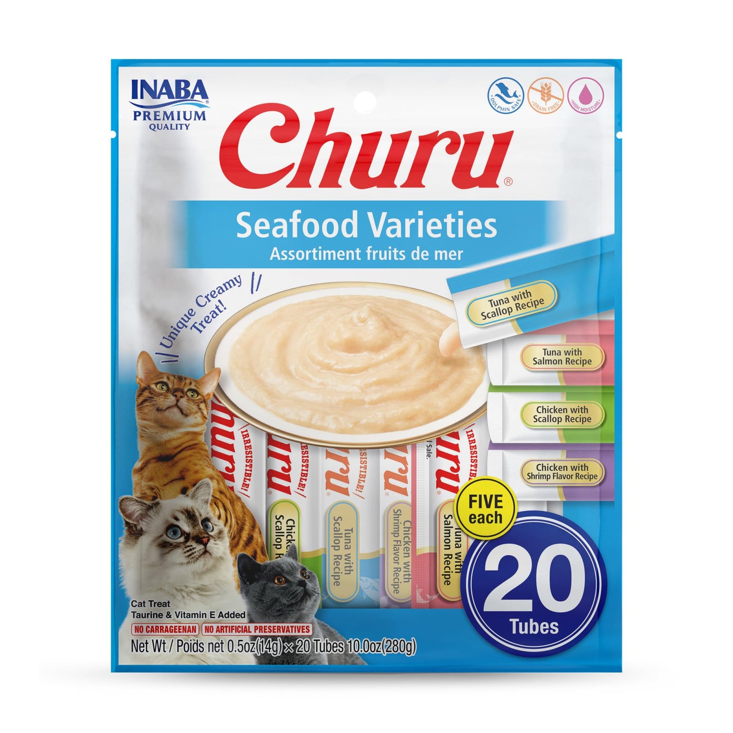 INABA Churu Cat Treats, Grain-Free, Lickable, Squeezable Creamy Purée Cat Treat/Topper with Vitamin E & Taurine, 0.5 Ounces Each Tube, 50 Tubes, Tuna & Chicken Variety