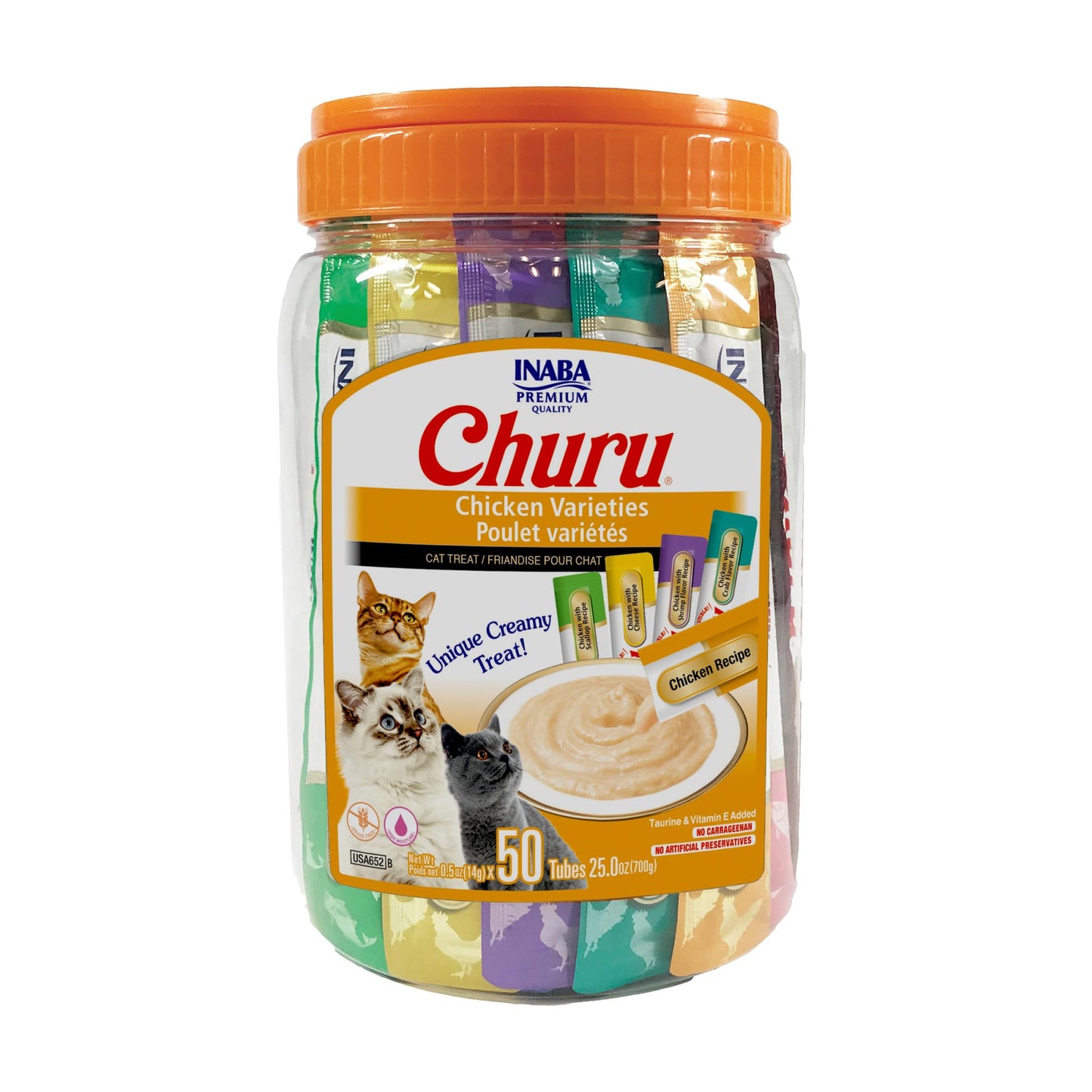 INABA Churu Cat Treats, Grain-Free, Lickable, Squeezable Creamy Purée Cat Treat/Topper with Vitamin E & Taurine, 0.5 Ounces Each Tube, 50 Tubes, Tuna & Chicken Variety