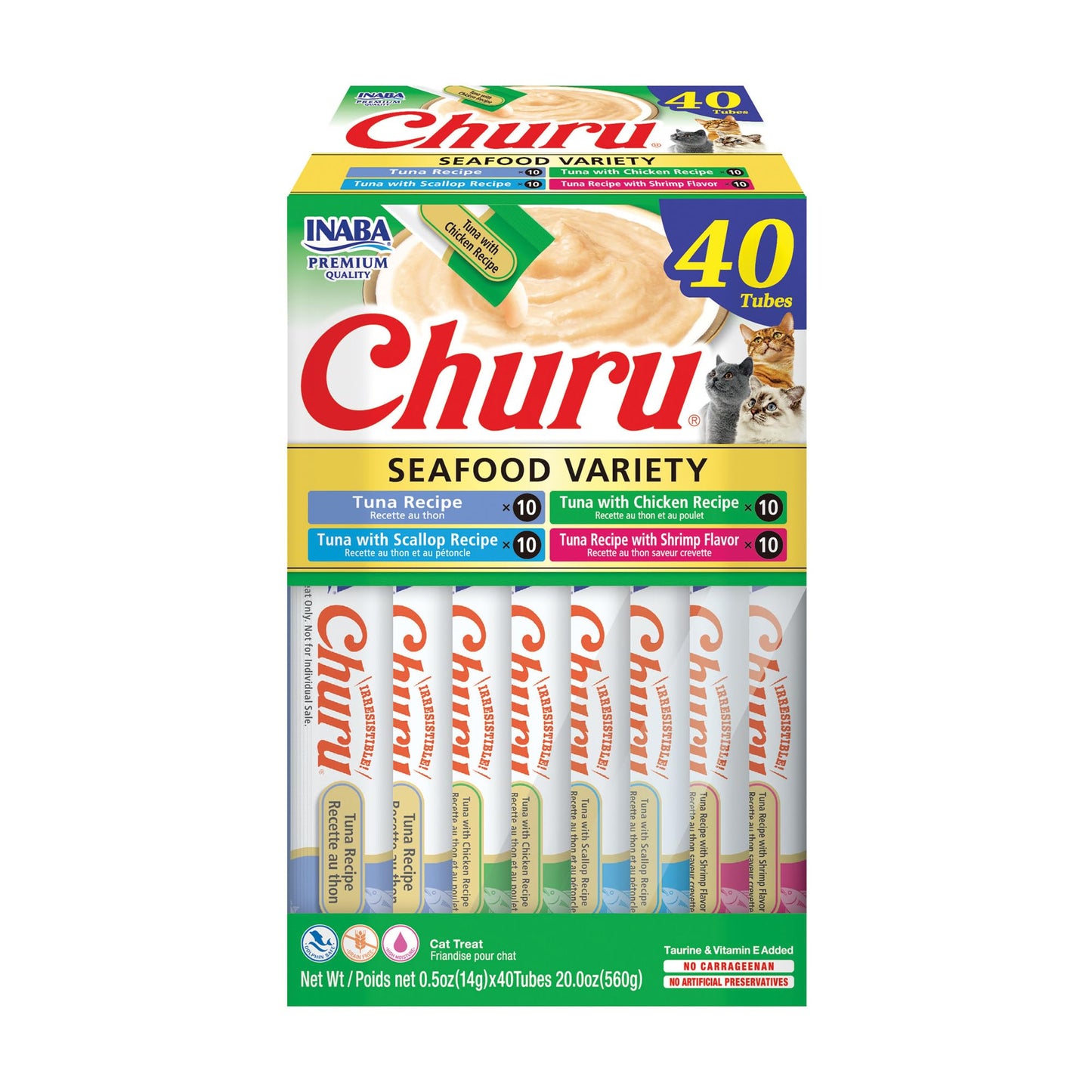 INABA Churu Cat Treats, Grain-Free, Lickable, Squeezable Creamy Purée Cat Treat/Topper with Vitamin E & Taurine, 0.5 Ounces Each Tube, 50 Tubes, Tuna & Chicken Variety